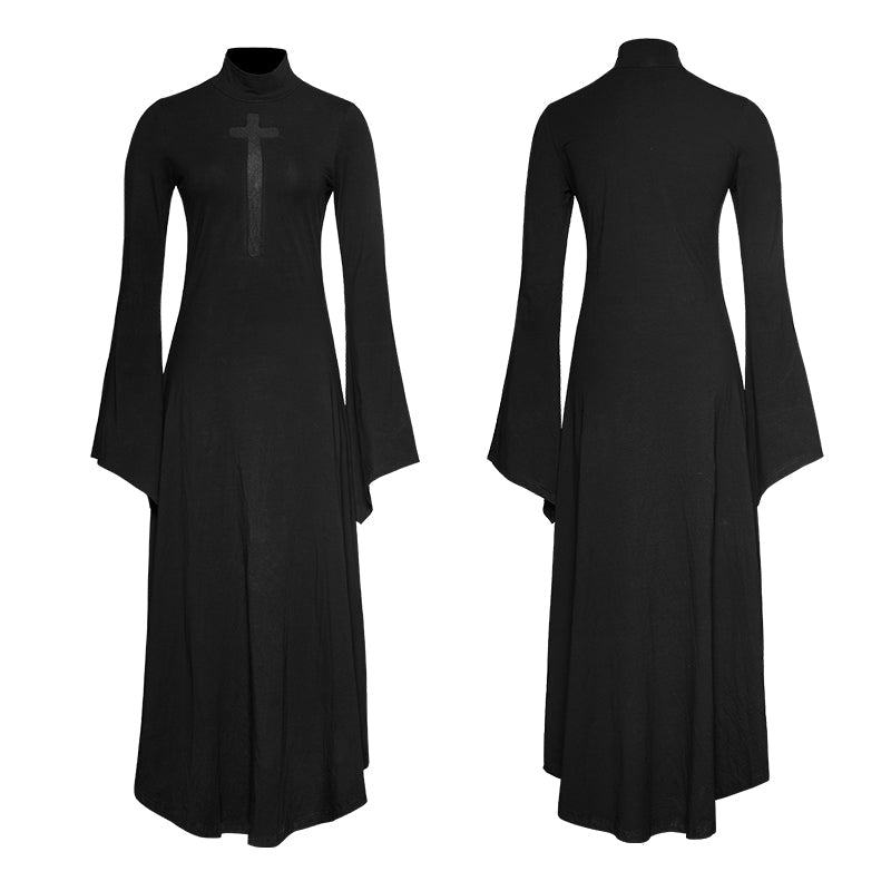 PQ-183 Dark Cross Hollow-out Trumpet Sleeves Slim High Collar Gothic Dresses