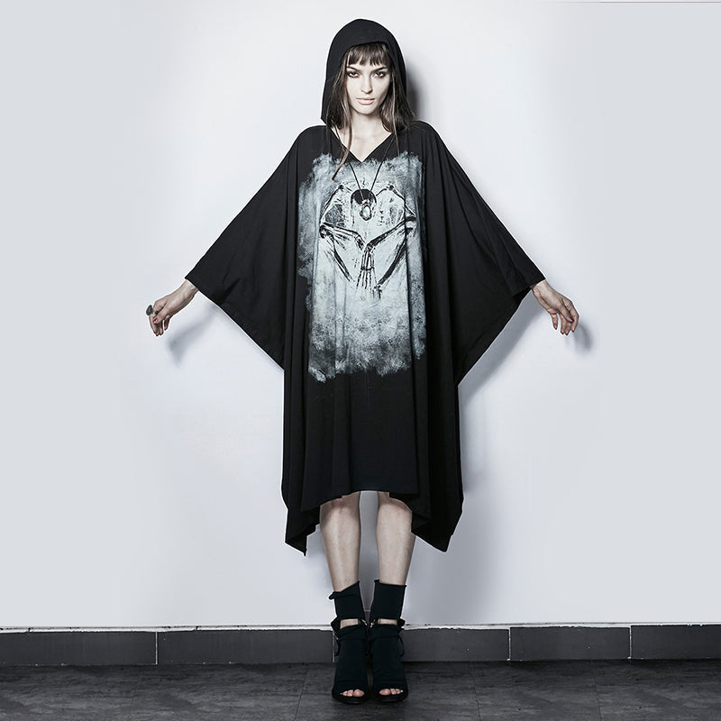 PT-117 black Bone Ghost Film Printing Loose Bat Sleeve Punk T-shirts With Cape