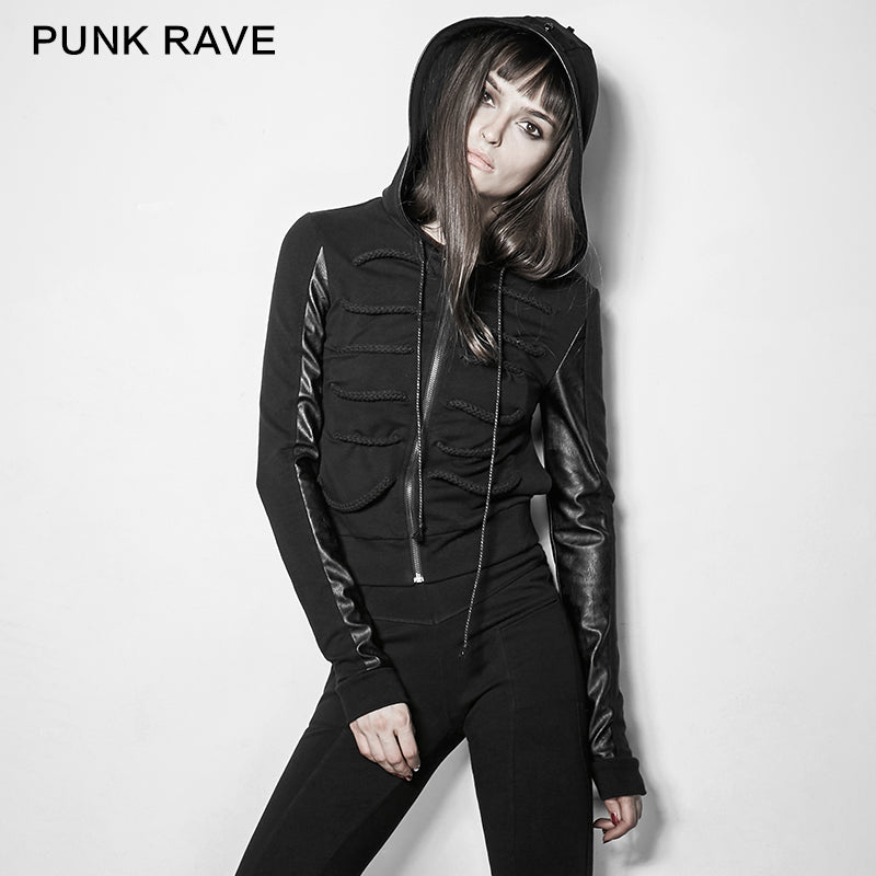 PY-194 Dark Rope Decorated Skinny Punk Coat With A Hood