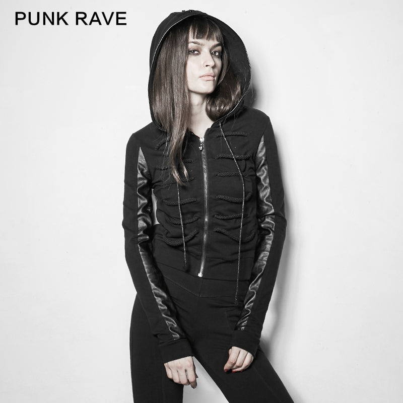 PY-194 Dark Rope Decorated Skinny Punk Coat With A Hood