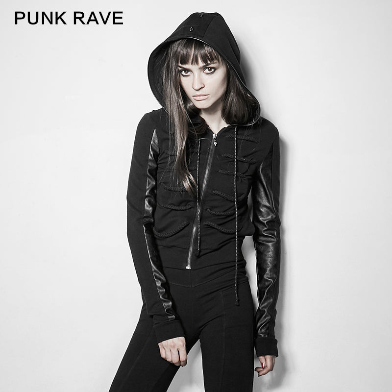 PY-194 Dark Rope Decorated Skinny Punk Coat With A Hood