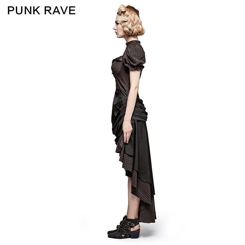 Q-315 Steampunk British Style Coffee Puff Sleeve High Low Punk Dress