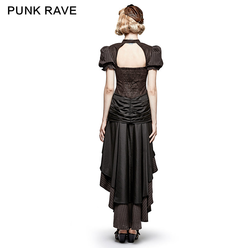 Q-315 Steampunk British Style Coffee Puff Sleeve High Low Punk Dress