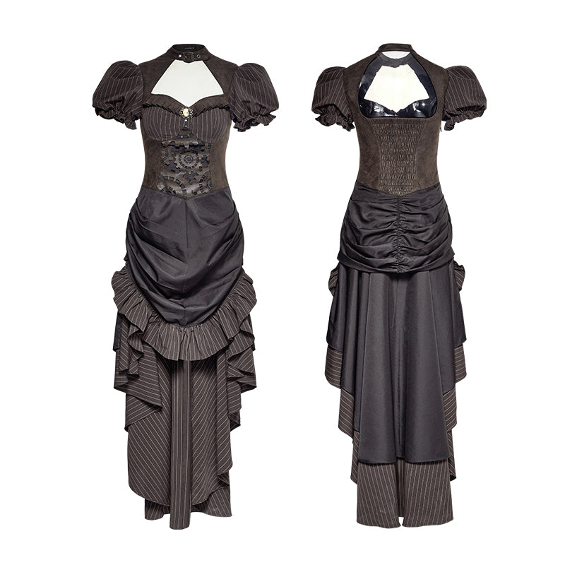 Q-315 Steampunk British Style Coffee Puff Sleeve High Low Punk Dress