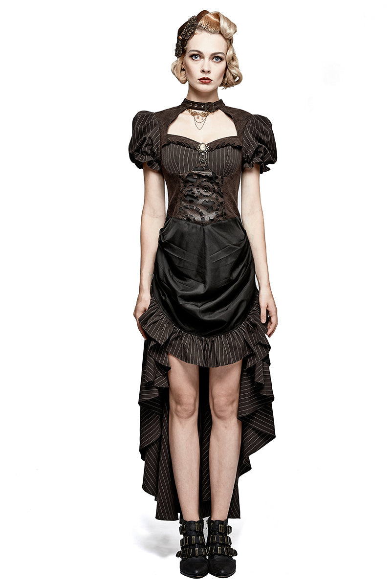 Q-315 Steampunk British Style Coffee Puff Sleeve High Low Punk Dress