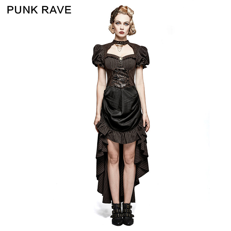 Q-315 Steampunk British Style Coffee Puff Sleeve High Low Punk Dress