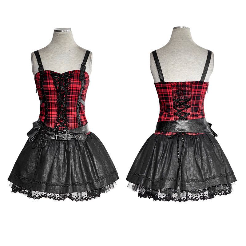 Q-310 A Type Splicing Braces Fluffy Cute Plaid Punk Dress