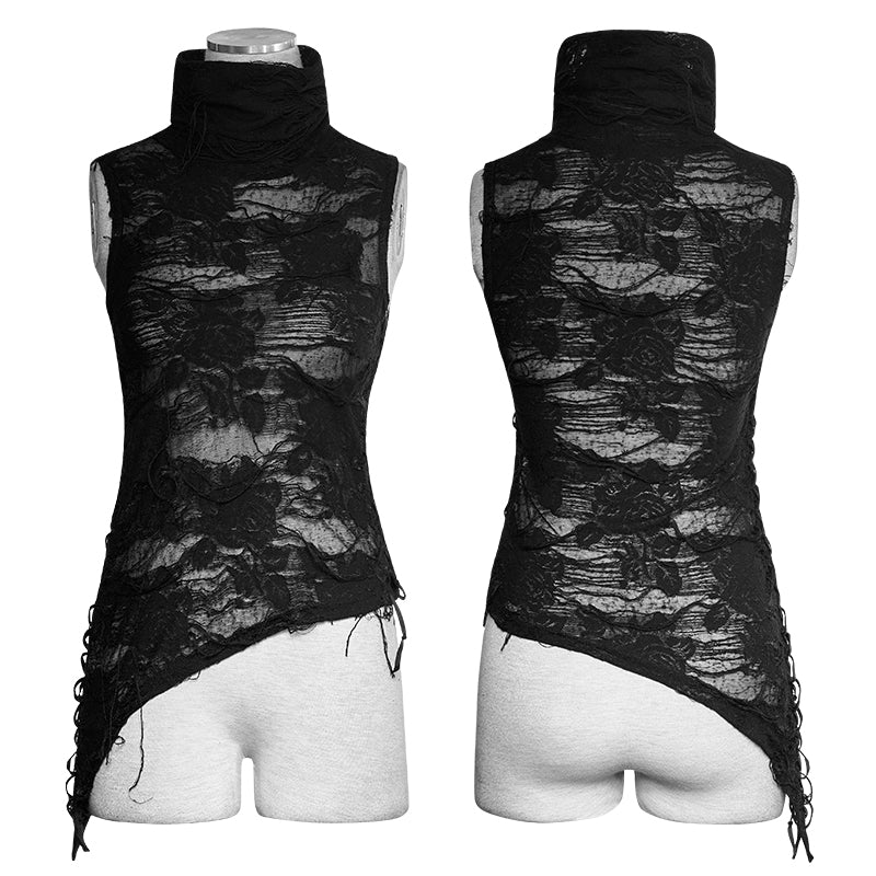 T-453 High Collar Torn Flower Decadent Sleeveless Gothic T-shirts