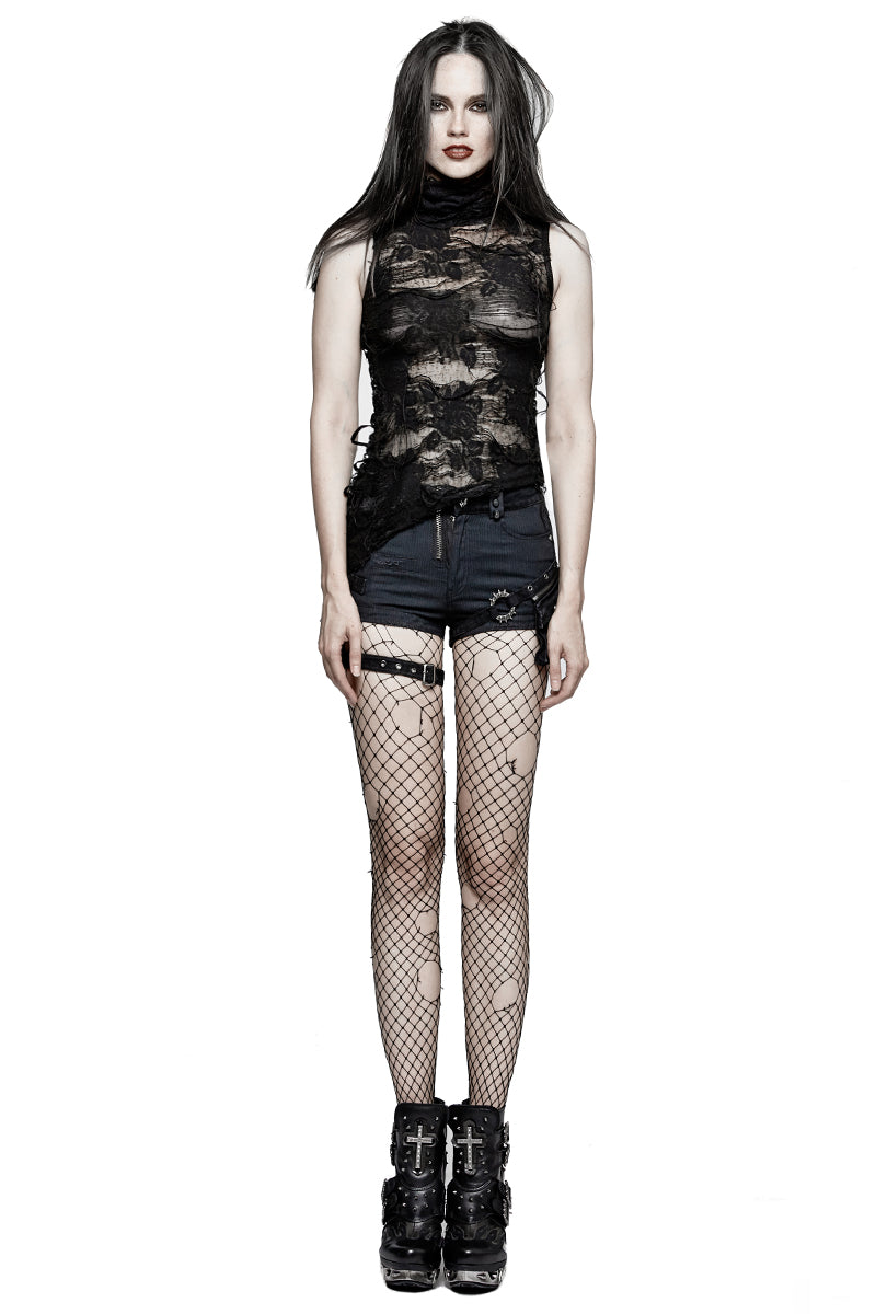 T-453 High Collar Torn Flower Decadent Sleeveless Gothic T-shirts