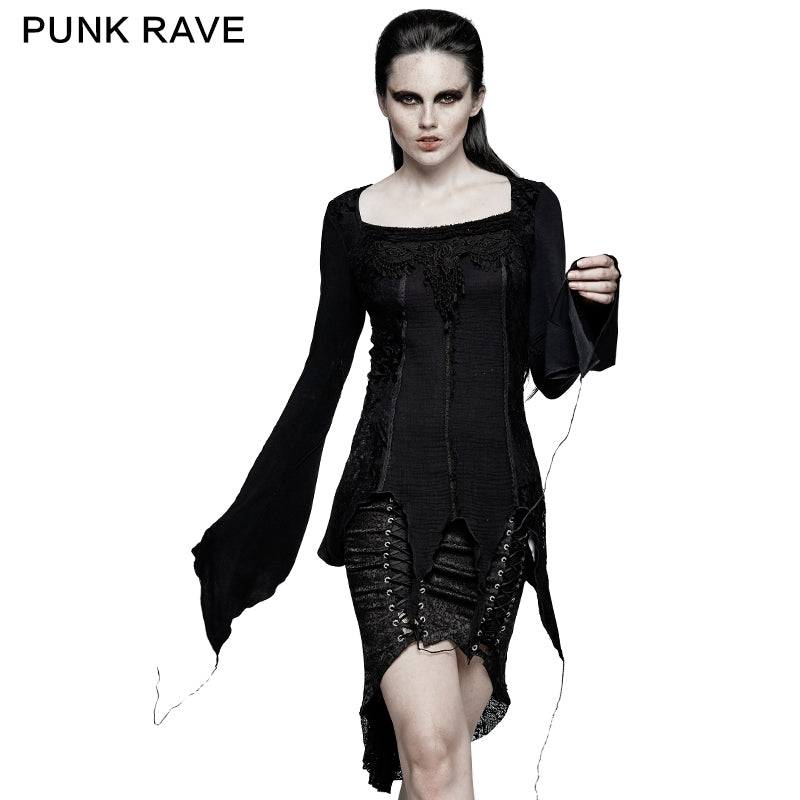 T-452 Asymmetric Hem Square Collar Feminine Gothic T-shirts