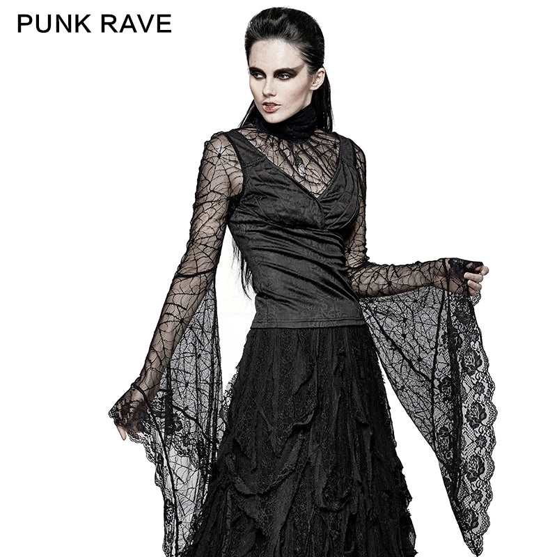 T-449 Spider Web Fabric High Collar Sexy Flare Sleeve Gothic T-shirts