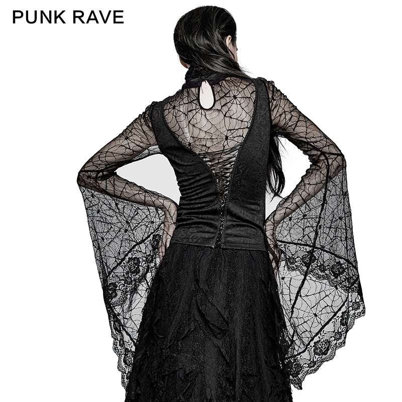 T-449 Spider Web Fabric High Collar Sexy Flare Sleeve Gothic T-shirts