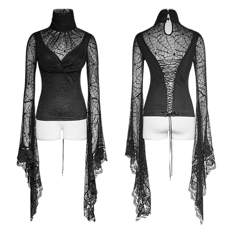 T-449 Spider Web Fabric High Collar Sexy Flare Sleeve Gothic T-shirts