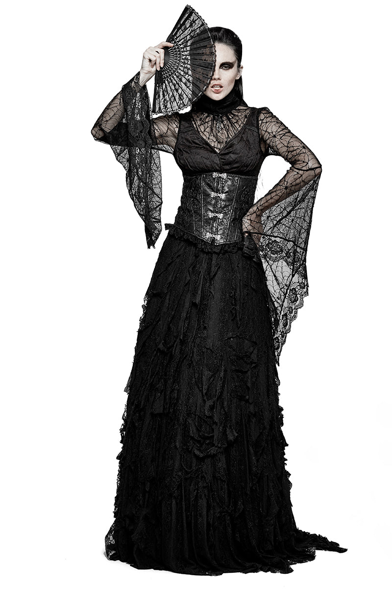 T-449 Spider Web Fabric High Collar Sexy Flare Sleeve Gothic T-shirts