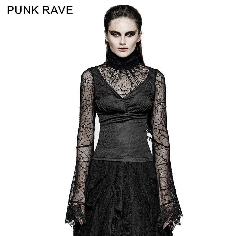 T-449 Spider Web Fabric High Collar Sexy Flare Sleeve Gothic T-shirts