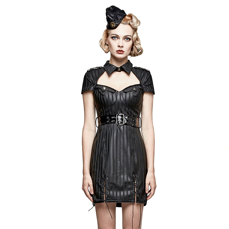 Q-305 Short Military Fetish Striped Leather Gothic Dresses