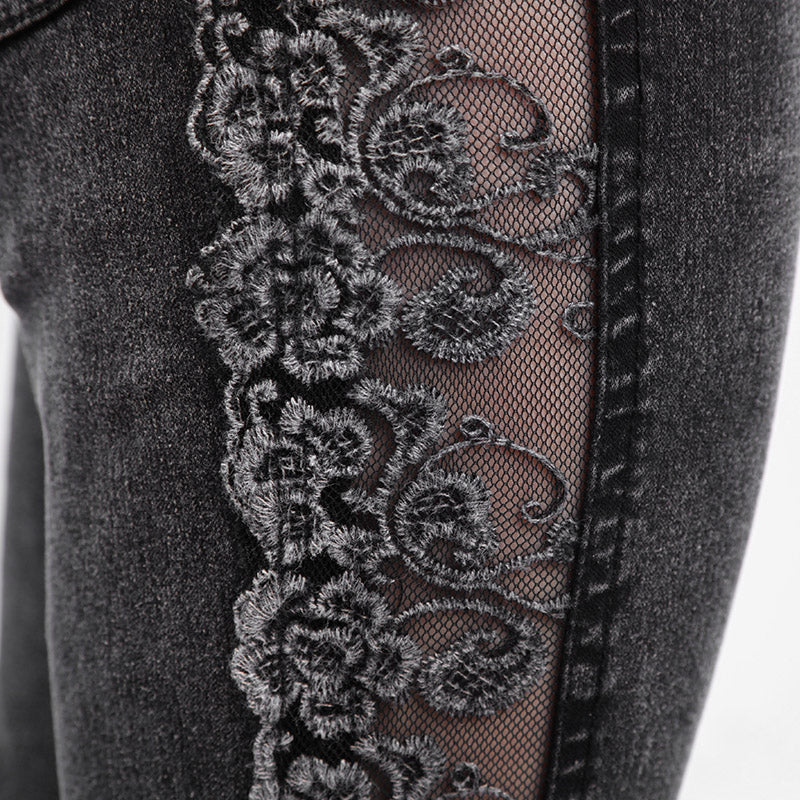 PK-028 black Tight Gothic Pants With Transparent black Mesh And Embroidery