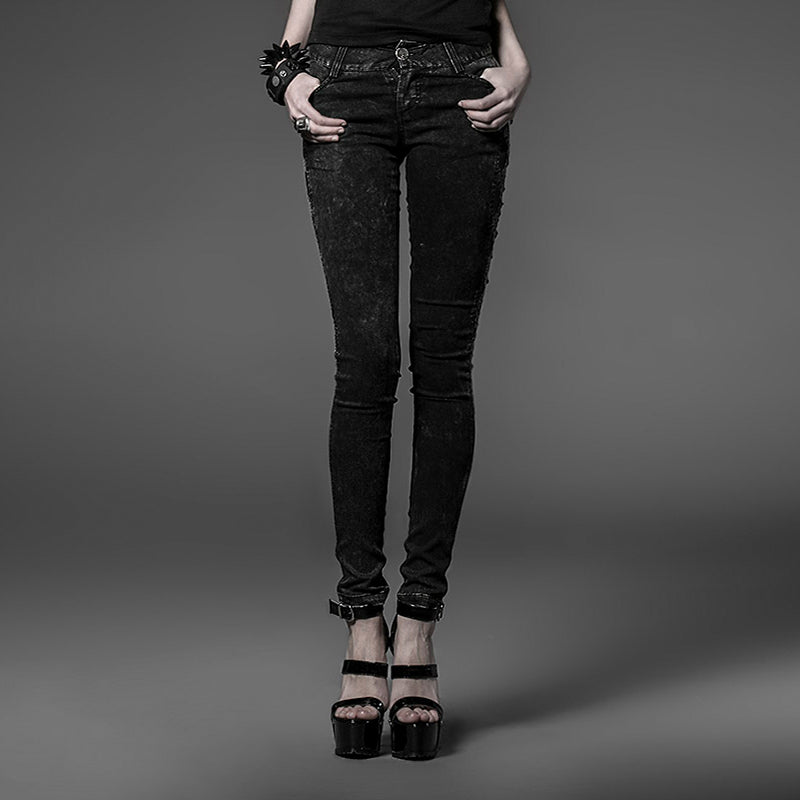 PK-028 black Tight Gothic Pants With Transparent black Mesh And Embroidery