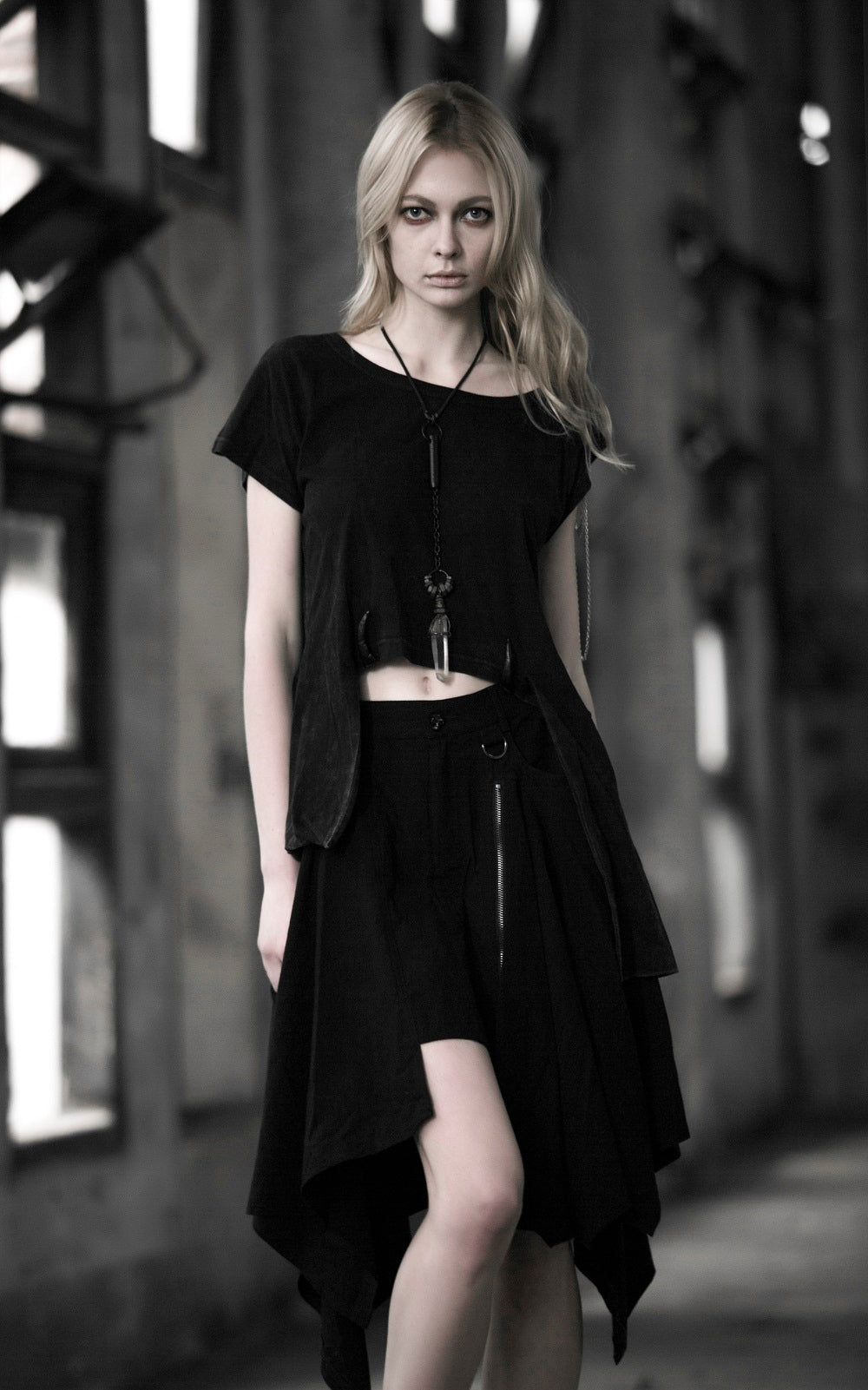 PQ-001 Zipped Adjustment black Gothic Skirt With Irregular Hem