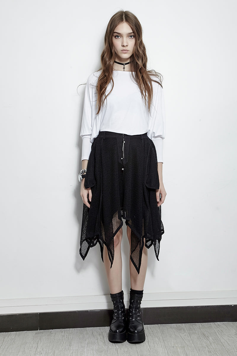 PQ-149 Mesh Mature Silk Midi Gothic Skirt With Irregular Hem