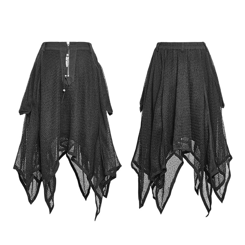 PQ-149 Mesh Mature Silk Midi Gothic Skirt With Irregular Hem