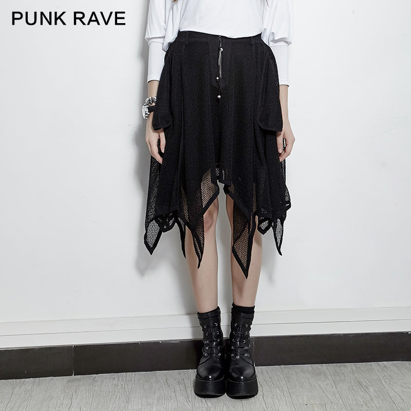 PQ-149 Mesh Mature Silk Midi Gothic Skirt With Irregular Hem