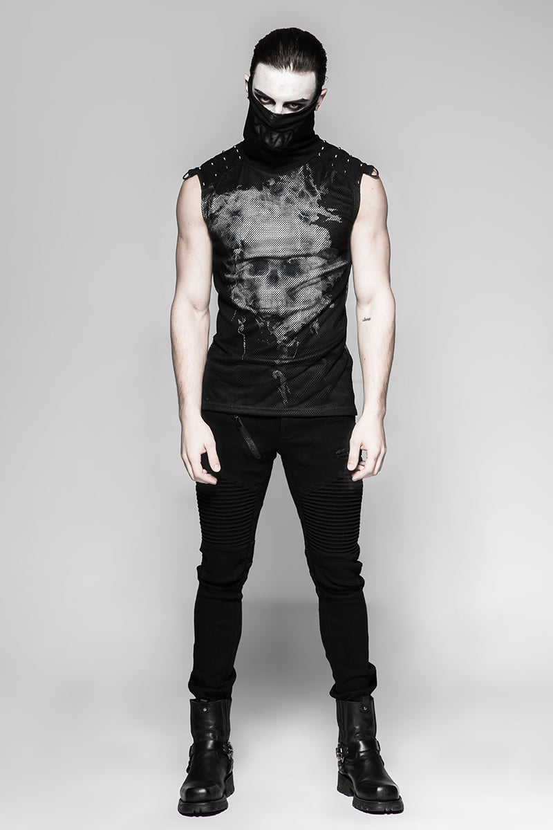 T-470 black Rivets Puff Printing Knitted Collar Men Sleeveless Punk Vest