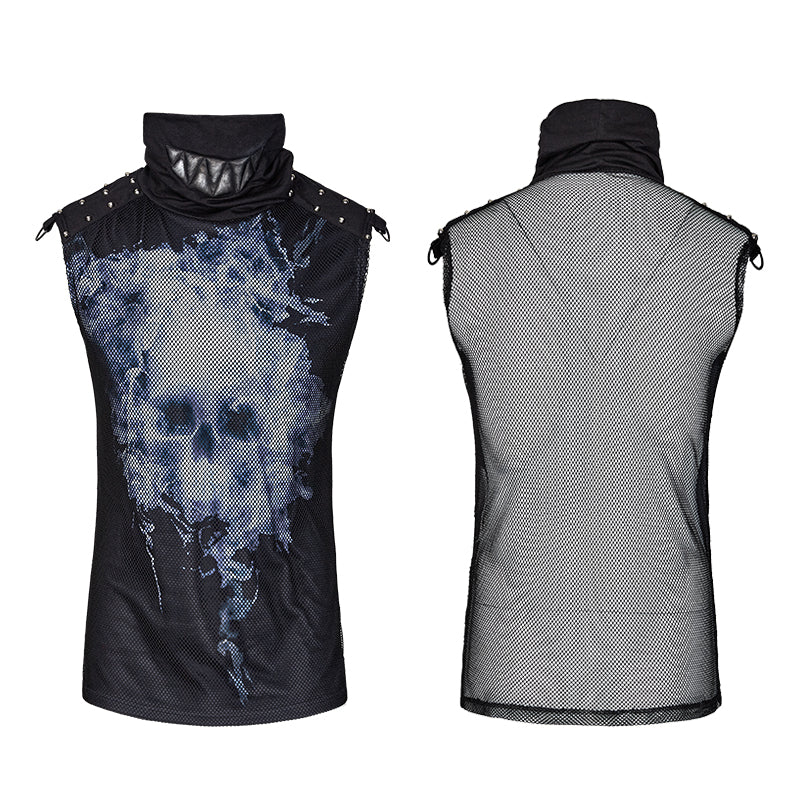 T-470 black Rivets Puff Printing Knitted Collar Men Sleeveless Punk Vest