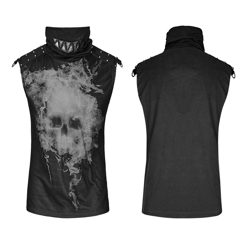 T-470 black Rivets Puff Printing Knitted Collar Men Sleeveless Punk Vest