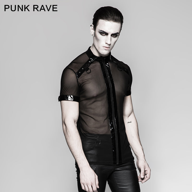 T-465 Minimalist Dense Mesh Small Cross Chain Punk T-shirts With Stand Collar