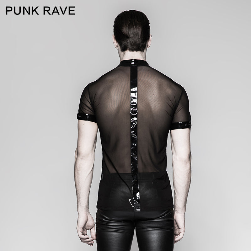 T-465 Minimalist Dense Mesh Small Cross Chain Punk T-shirts With Stand Collar