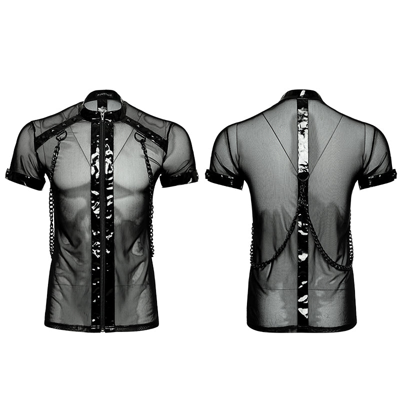 T-465 Minimalist Dense Mesh Small Cross Chain Punk T-shirts With Stand Collar