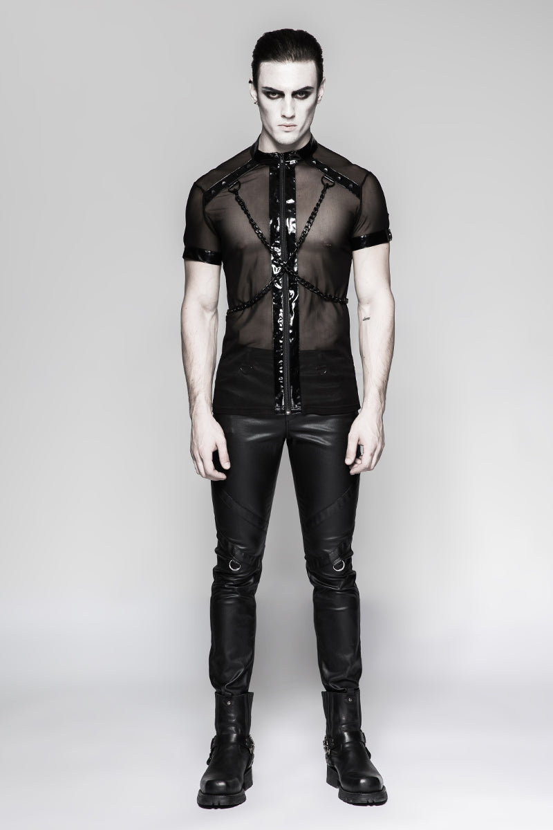 T-465 Minimalist Dense Mesh Small Cross Chain Punk T-shirts With Stand Collar