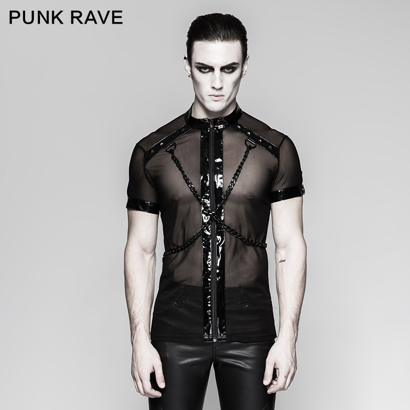 T-465 Minimalist Dense Mesh Small Cross Chain Punk T-shirts With Stand Collar