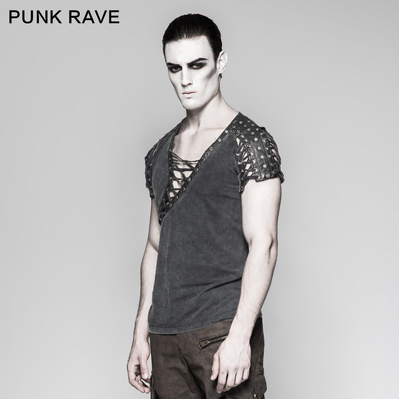 T-463 Asymmetric Neck Cotton Punk T-shirts With Hollow DrawString