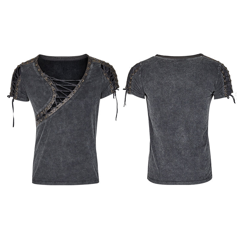 T-463 Asymmetric Neck Cotton Punk T-shirts With Hollow DrawString