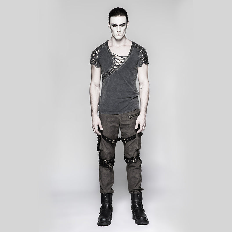 T-463 Asymmetric Neck Cotton Punk T-shirts With Hollow DrawString