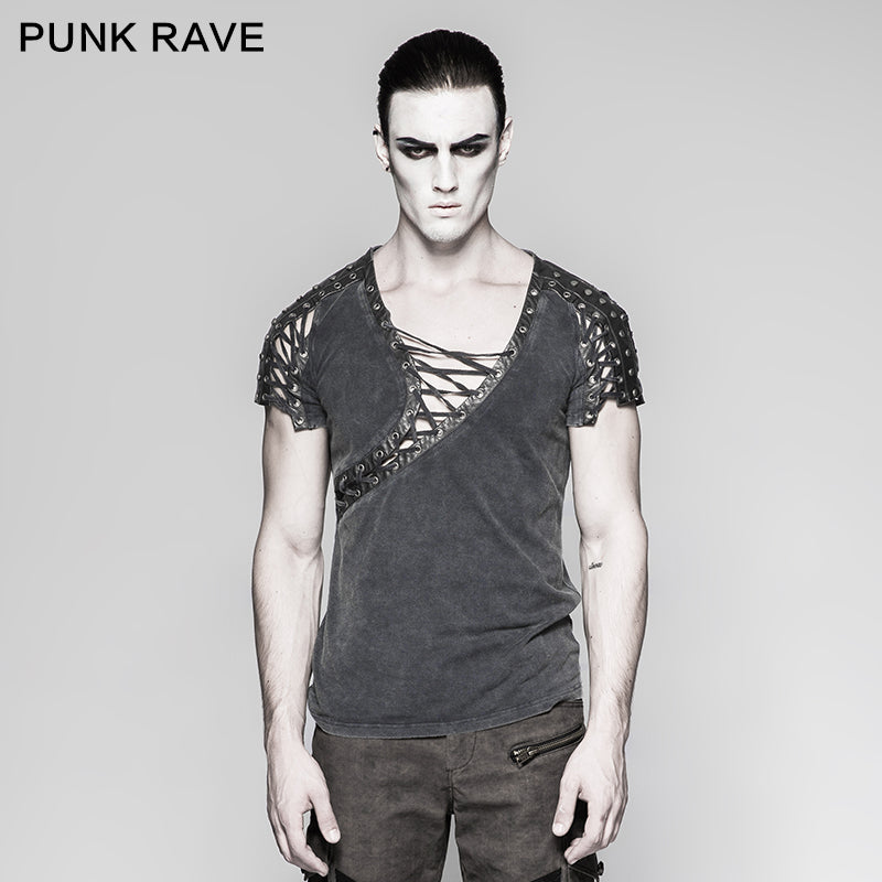 T-463 Asymmetric Neck Cotton Punk T-shirts With Hollow DrawString