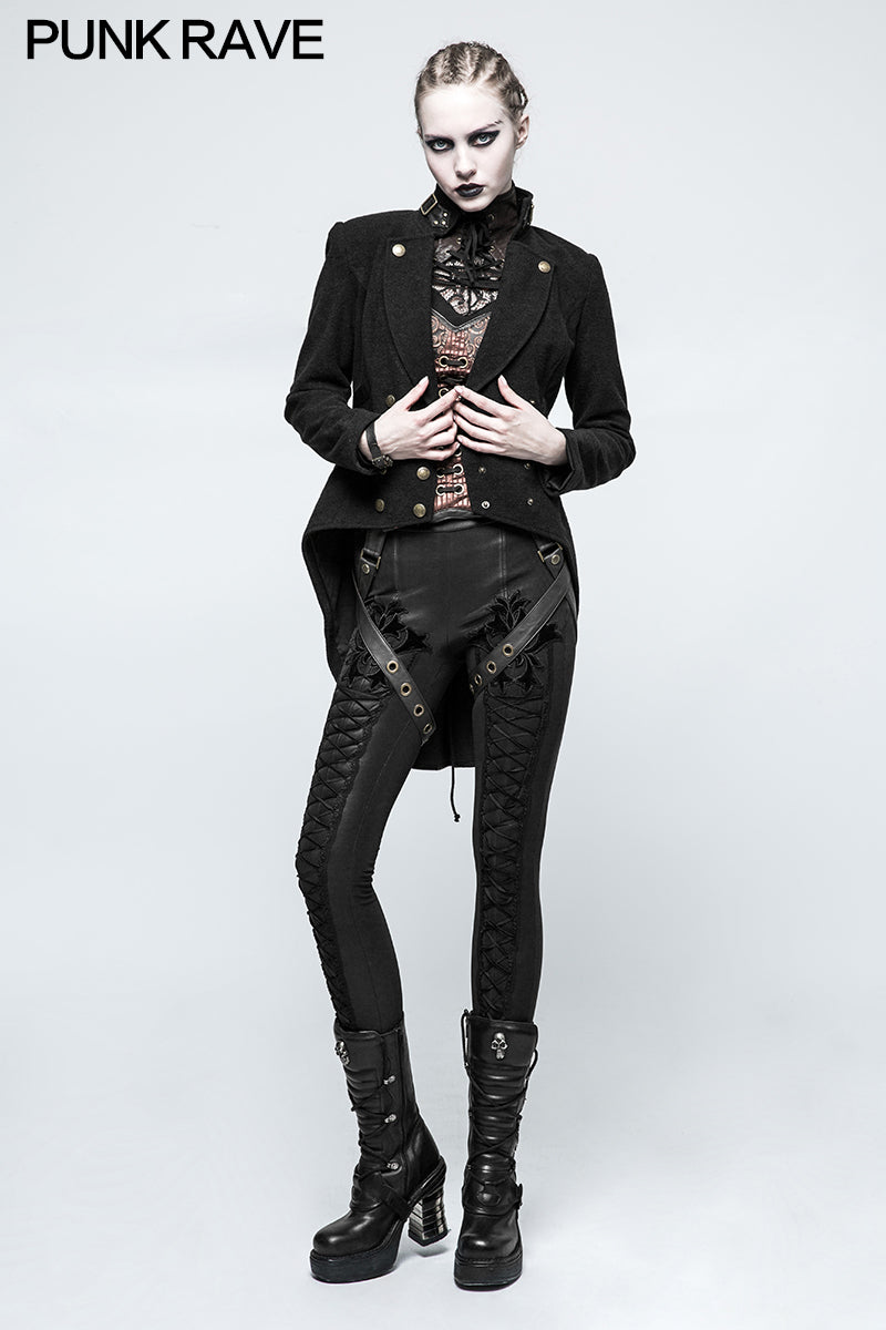 Y-771 Women Swallow Tail Worsted black Punk Jacket With Bronze Accessories