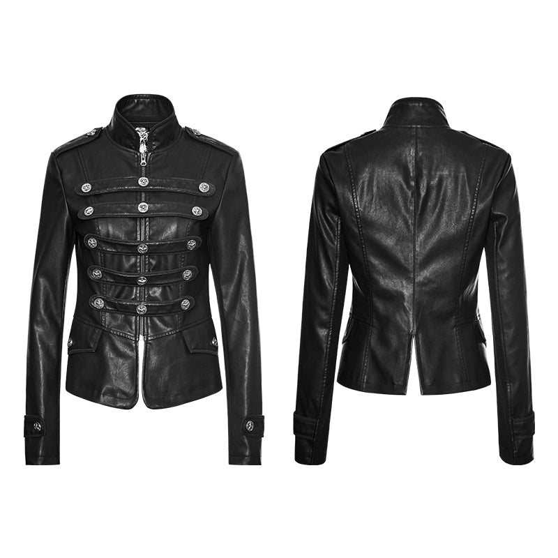 Y-768 Women Short Leather Punk Coat Stand Collar Military Uniform