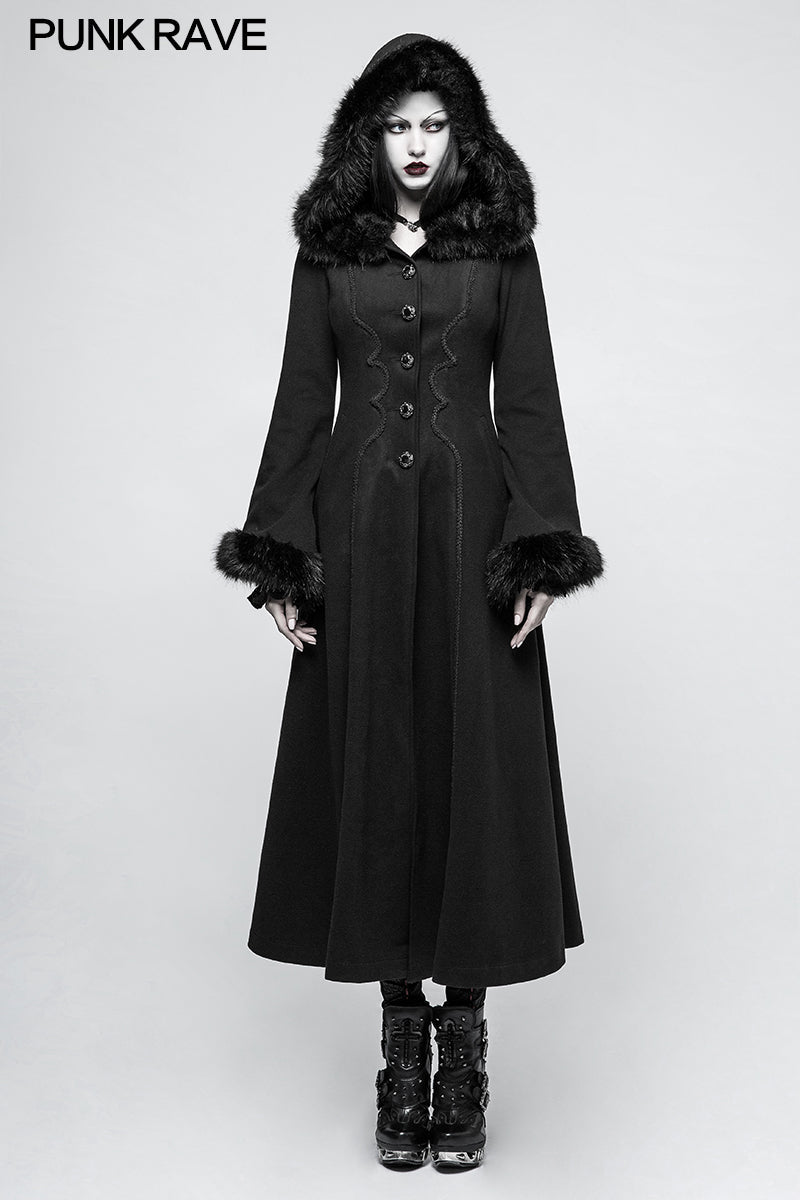 Y-796 Women Disc Flowers Worsted Long Gothic Coat With Hooded