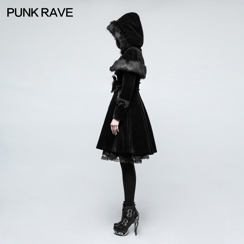 LY-065 Sweet Lolita Style Velvet Hooded Gothic Coat With Tiered Lace