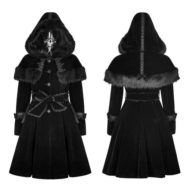 LY-065 Sweet Lolita Style Velvet Hooded Gothic Coat With Tiered Lace