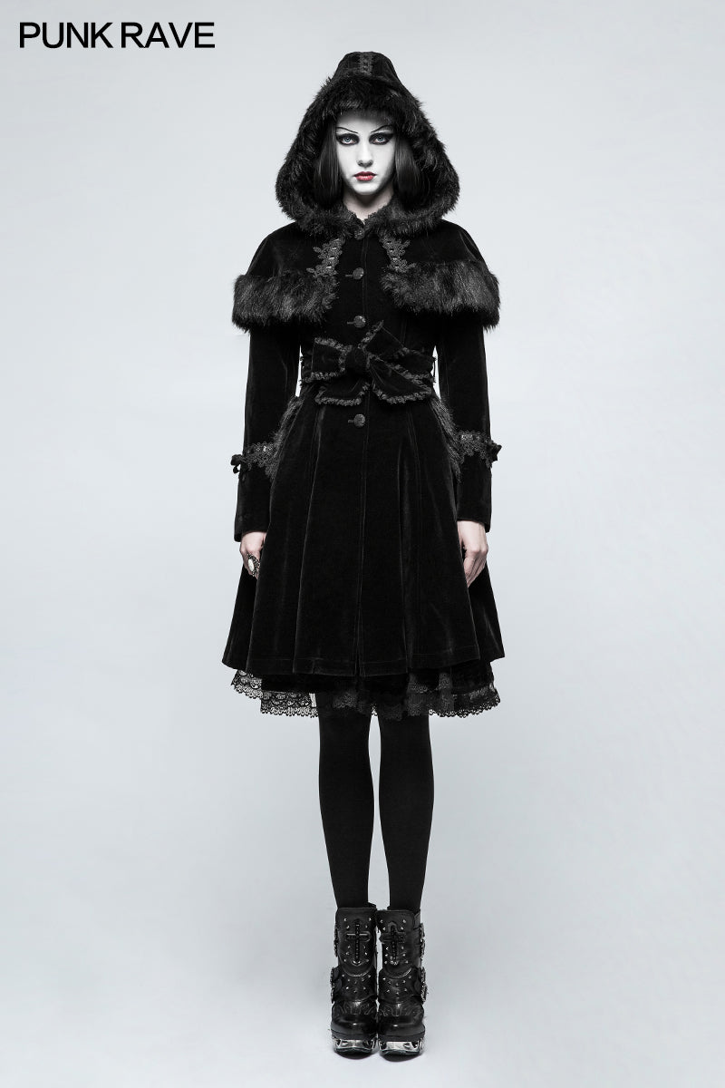 LY-065 Sweet Lolita Style Velvet Hooded Gothic Coat With Tiered Lace