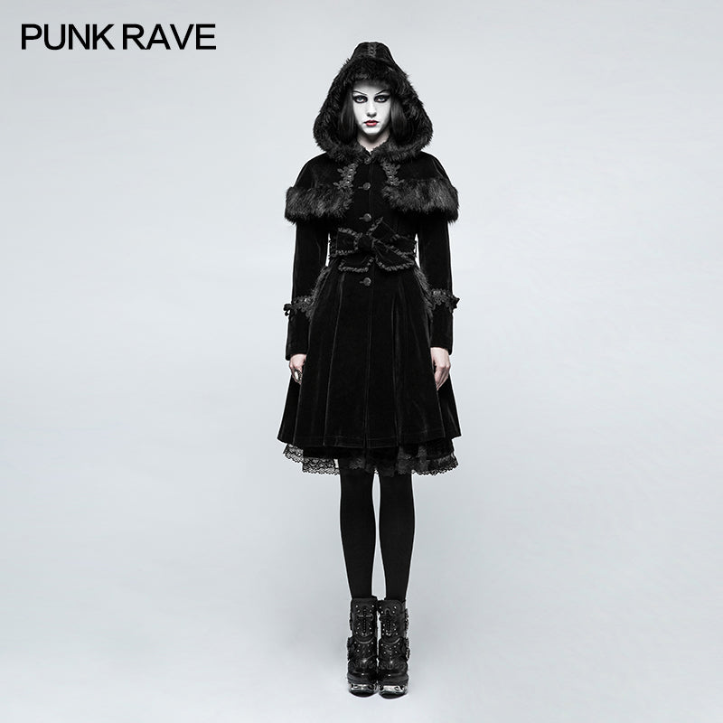 LY-065 Sweet Lolita Style Velvet Hooded Gothic Coat With Tiered Lace