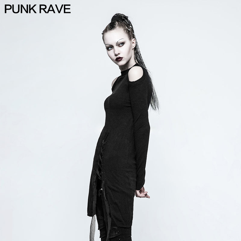 OPM-042 Gothic Style Sexy Slit Strapless Punk Sweaters With Mandarin Collar