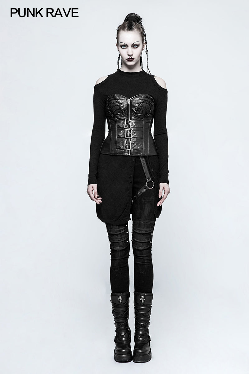 OPM-042 Gothic Style Sexy Slit Strapless Punk Sweaters With Mandarin Collar