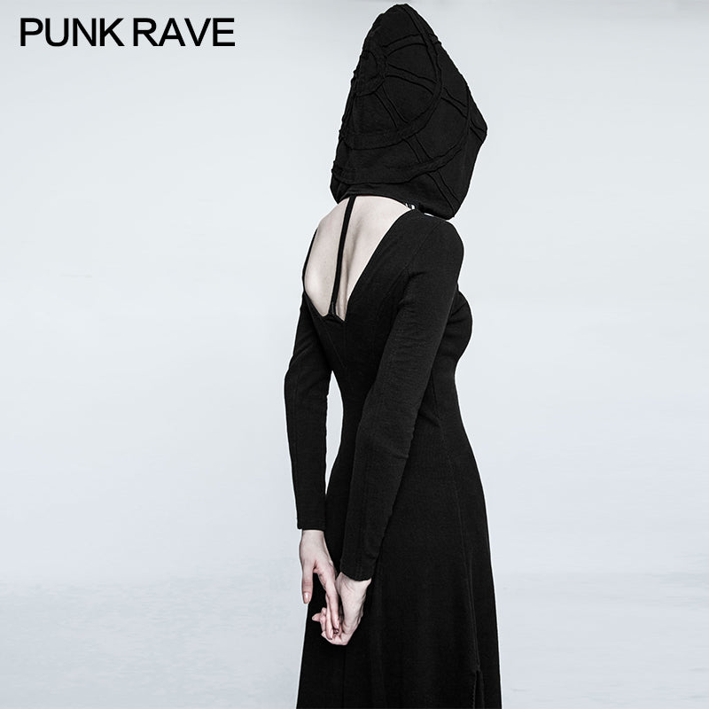 OPQ-199 Slim Sexy black Knitted Hooded Gothic Dresses With Hollow-out Back