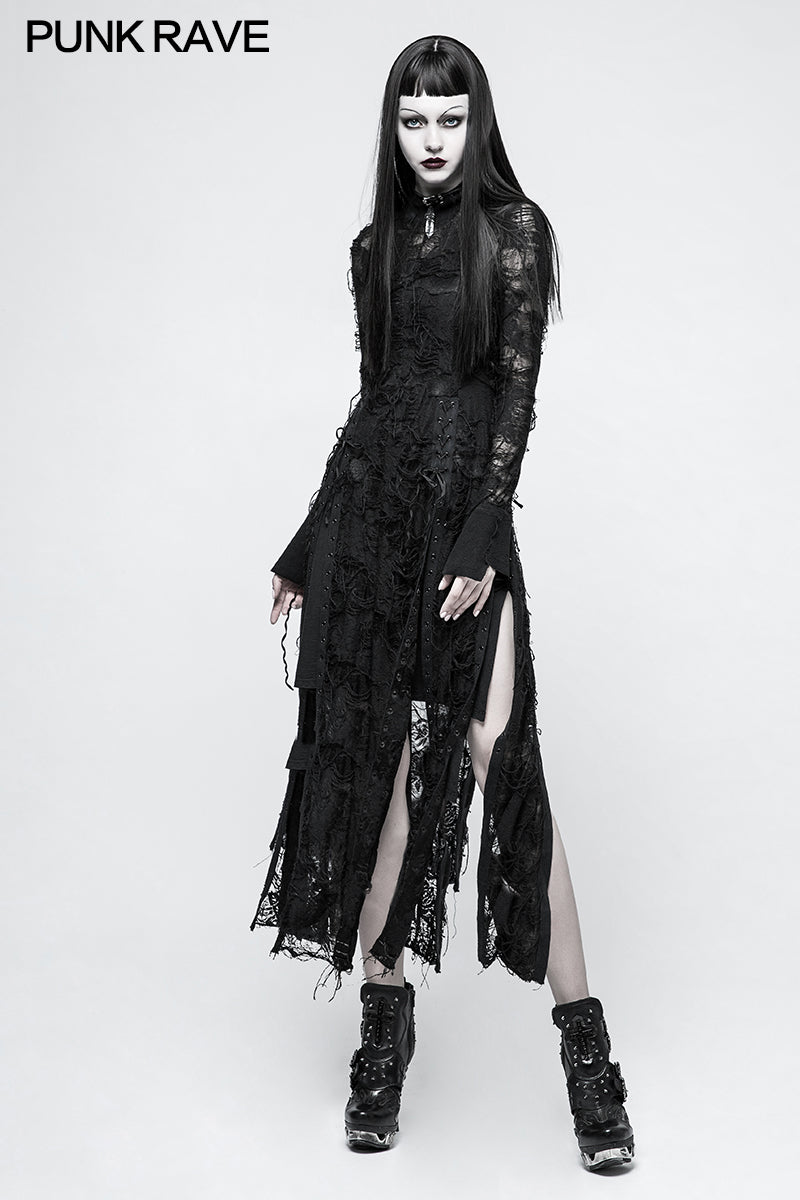 OPQ-200 Vintage Rose Lace Mesh black Long Gothic Dresses With Multi-split Design