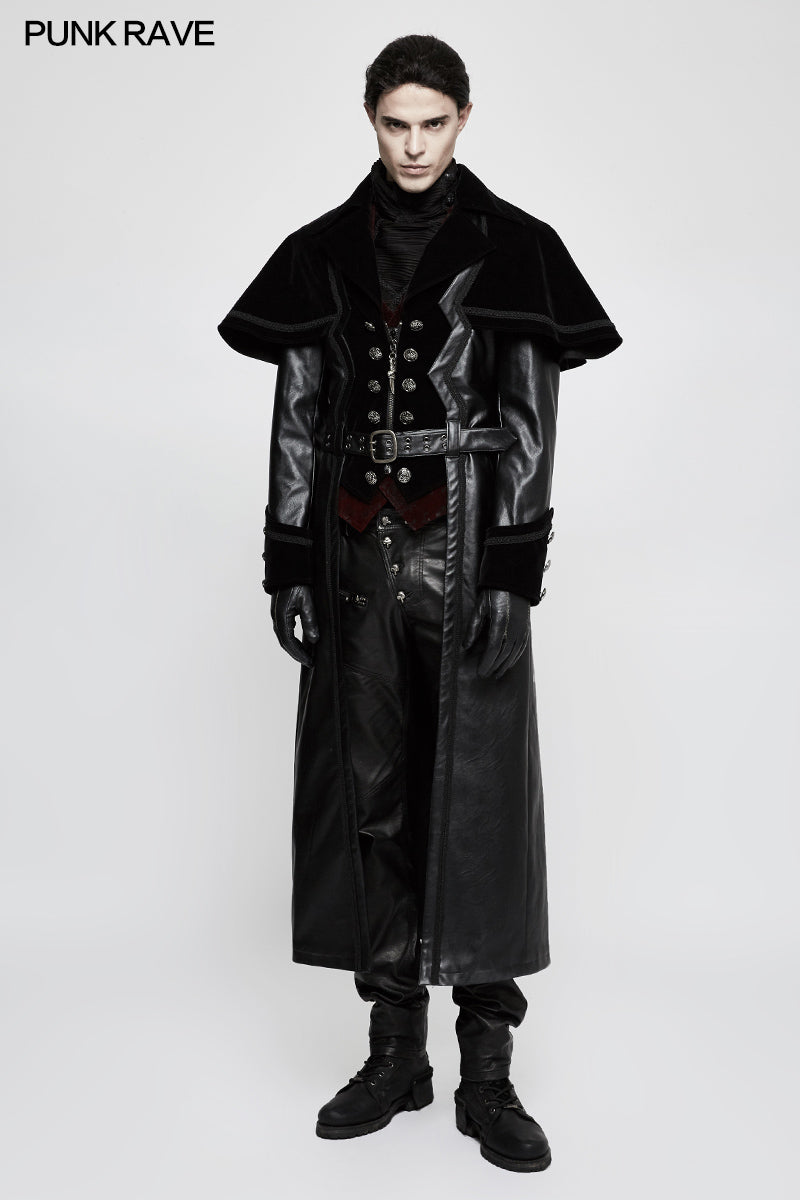 Y-815 Winter Long Leather Velvet Gothic Coat With Active Belt